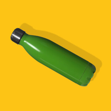 Green Sports Water Bottle On Yellow Background, Top View