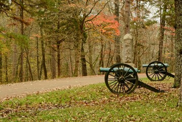 Fototapeta na wymiar Two Civil War era cast bronze canons guard roadway in late autumn colors