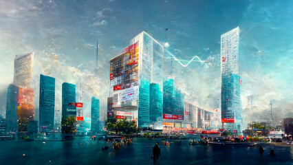 Fototapeta na wymiar Financial graphs and digital indicators overlap with modernistic urban area, skyscrabber for stock market business concept. Double exposure. , big data connection technology concept . lighting. 3D 