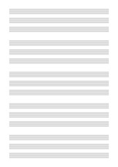 Blank sheet of music paper with empty staff lines for notation of musical notes, three lines per system, for trio or piano with solo voice (portrait)