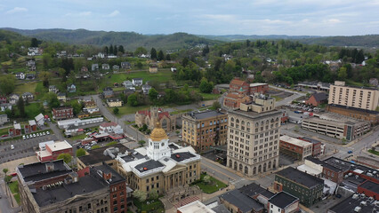 The Marion County courthouse in Fairmont, WV, and the surrounding small town and countryside in the...
