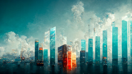 Plakat Financial graphs and digital indicators overlap with modernistic urban area, skyscrabber for stock market business concept. Double exposure. , big data connection technology concept . lighting. 3D 