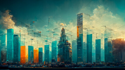 Financial graphs and digital indicators overlap with modernistic urban area, skyscrabber for stock market business concept. Double exposure. , big data connection technology concept . lighting. 3D 