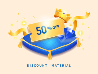 Premium sale template, royal gold crown inlaid with precious stones, lying on blue ceremonial pillow