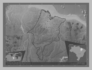 Maranhao, Brazil. Grayscale. Labelled points of cities