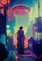 Futuristic city illustration in vintage nouveau style