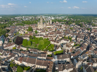 Aerial view of medieval town center of Senlis with Gothic cathedral and roman walls