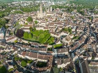 Aerial view of medieval town center of Senlis with Gothic cathedral and roman walls
