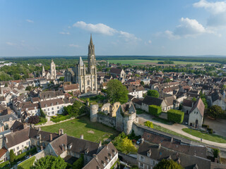 Aerial view of medieval town center of Senlis with Gothic cathedral and roman walls - obrazy, fototapety, plakaty