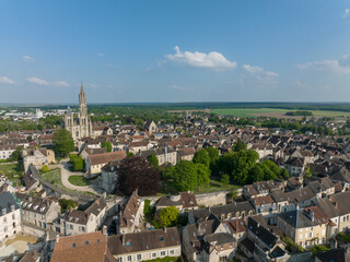 Aerial view of medieval Senlis in France with Gothic church and city walls