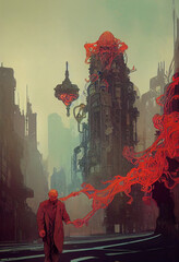 Futuristic city illustration in vintage nouveau style