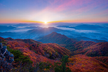 Aerial view of beautiful scenery in autumn of misty mountain peak and sunrise in the morning