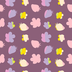 Rainbow silhouette strawberries and flowers seamless pattern. Retro groovy print for tee, fabric, paper, textile in 1960 style. Wavy background for decor and design.