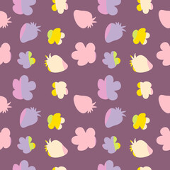 Rainbow silhouette strawberries and flowers seamless pattern. Retro groovy print for tee, fabric, paper, textile in 1960 style. Wavy background for decor and design.