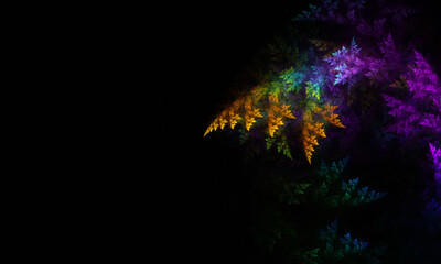 black background with abstract leaves of various colors on the side