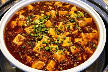 Yamanashi,Japan - September 16, 2022: Closeup of Sichuan style bean curd or Mabo Tofu
