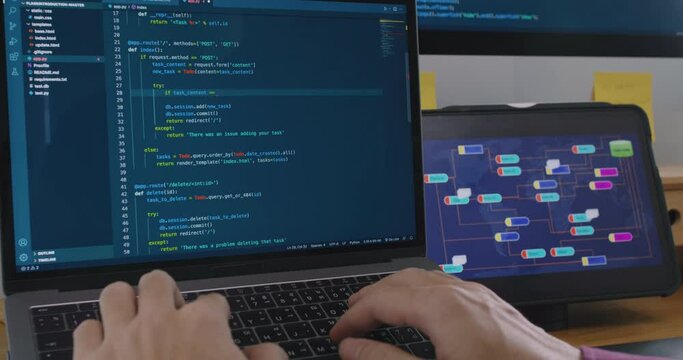Digital transformation future workforce web DEV career development. Asia people young talent man busy work at home office reskill upskill martech job remote test on AI cloud computing cyber security.
