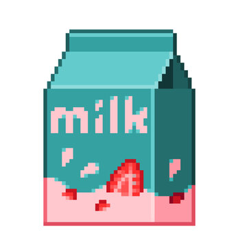 An 8-bit retro-styled pixel-art illustration of a light blue strawberry milk carton.