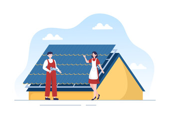 Fototapeta premium Roofing Construction Workers Template Hand Drawn Cartoon Flat Illustration with Housetop Renovation, Fixing Rooftop Tile House and Roof Reconstruction