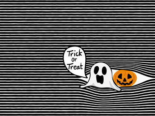 simple hand drawing black bold horizontal lines with peeking cartoon seamless pattern; ghost and jack o' lantern halloween theme for background, texture, wallpaper, banner, label etc. vector design