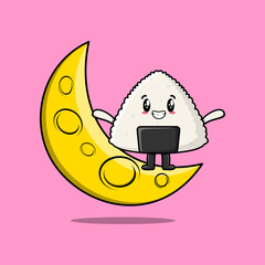 Cute cartoon Sushi character standing on the crescent moon in flat modern design illustration