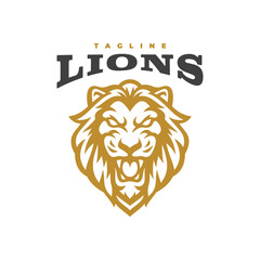 Angry lion head mascot logo design. Roaring lion line art vector illustration