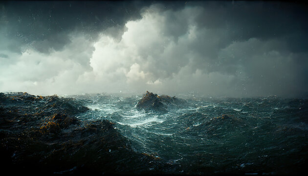 Spectacular background image of stormy ocean with rough and danger wave. Dark sky and cloudy. Digital art 3D illustration.