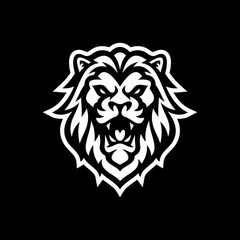 Angry roaring lion head line art or silhouette logo design. Lion face vector illustration on dark background