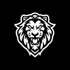 Angry roaring lion head line art or silhouette logo design. Lion face vector illustration on dark background