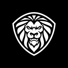 Lion head and shield mascot emblem logo illustration on dark background