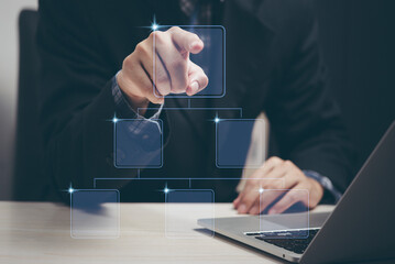 Businessman screen computing adviser flowchart teamwork chart, touching buttons choice man collaboration advantage Checked bubble automation