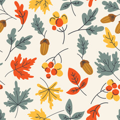 Seamless pattern of autumn leaves in cartoon style with maple branches, leaves, rowan berry and pinecone on light background. Repeatable motif for seasonal fall. Colorful repeating flat graphic.