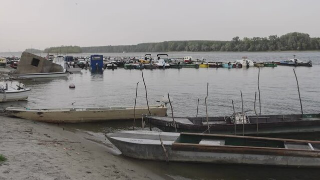 Moored Fisherman Boats at Marina Dock River Danube Summer Afternoon