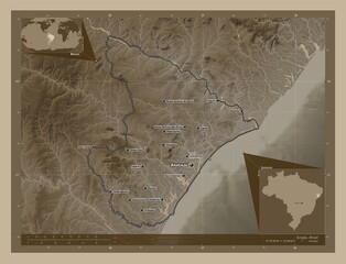 Sergipe, Brazil. Sepia. Labelled points of cities