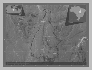 Tocantins, Brazil. Grayscale. Labelled points of cities
