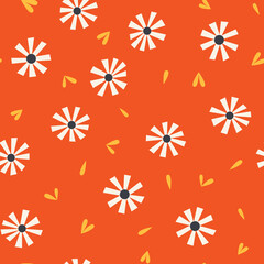 Seamless pattern with blossom daisies floral with yellow leaves and little hearts on orange background. Simple flowers and bright seamless background. Happy print for textile, home nursery wallpaper.