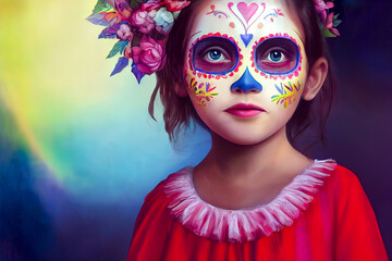 Little girl portrait with sugar skull makeup, illustration