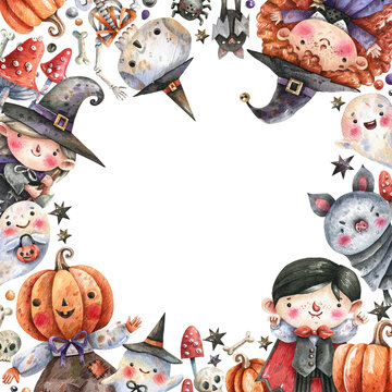 Halloween characters square frame in cartoon style.  Witches, skeleton, vampire, ghosts, pumpkin head Halloween background. Illustration for postcards, flyers, decor.