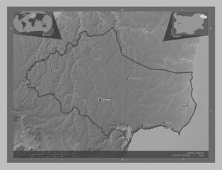 Dobrich, Bulgaria. Grayscale. Labelled points of cities