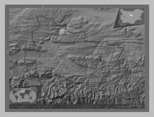 Gabrovo, Bulgaria. Grayscale. Labelled points of cities