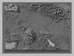 Grad Sofiya, Bulgaria. Grayscale. Labelled points of cities