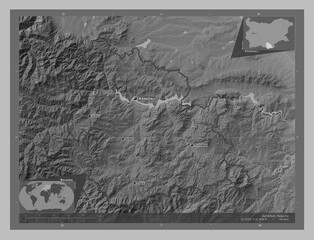 Kardzhali, Bulgaria. Grayscale. Labelled points of cities