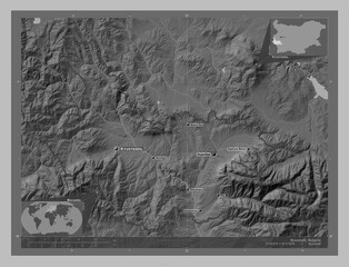 Kyustendil, Bulgaria. Grayscale. Labelled points of cities