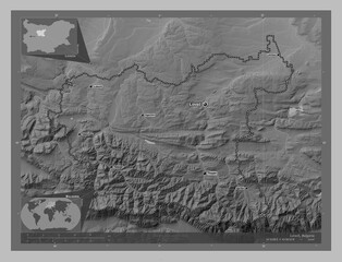 Lovech, Bulgaria. Grayscale. Labelled points of cities
