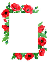 Watercolor hand drawn frame of poppy flowers and leaves. Botany illustration of red poppies. Field flower. Border with herbs. Design elements for packaging, cover, decor, textile, cards, invitations.