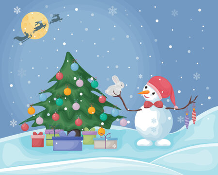 A snowman near the Christmas tree. Cute Christmas illustration with a picture of a snowman standing near a Christmas tree with gifts and holding a white rabbit in his hands. Vector illustration