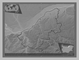 Ruse, Bulgaria. Grayscale. Labelled points of cities
