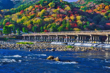 京都嵐山渡月橋の秋は紅葉に包まれます

