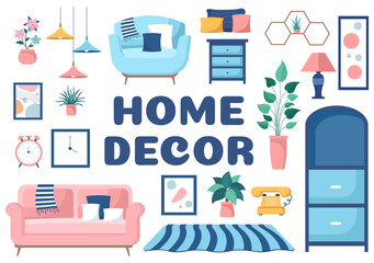 Home Decor Template Hand Drawn Cartoon Illustration The set of Furniture and Living Room Interior in Flat Style Design