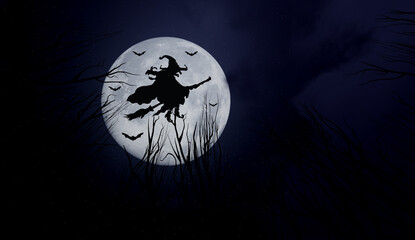 Halloween theme with a witch flying on a broomstick . Halloween Background of a full moon.